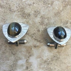 Vintage Dark Tiger Eye Stone Silvertone Cuff Links